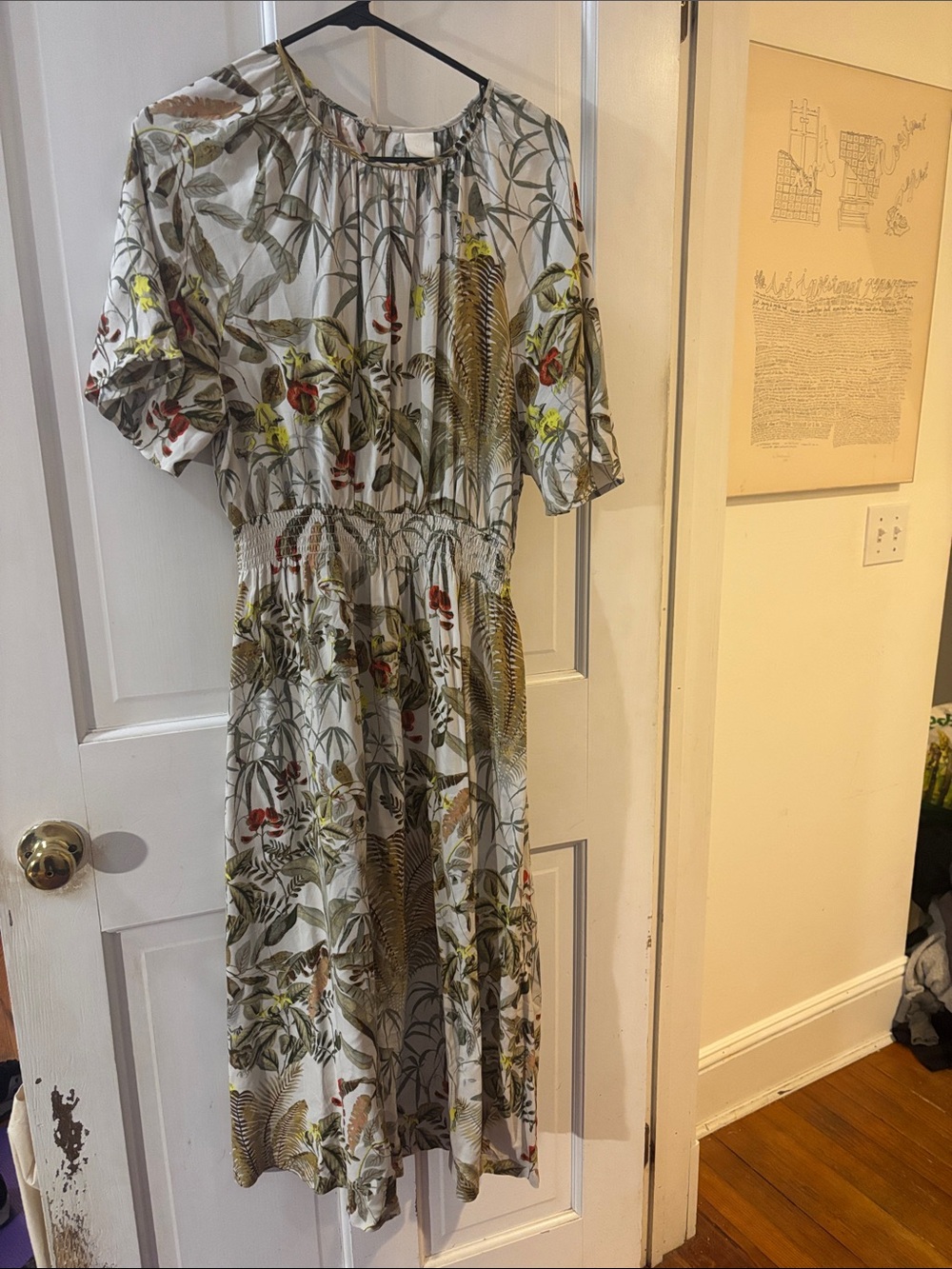H&M Cream Botanical Midi Dress with Green, Yellow and Red Print